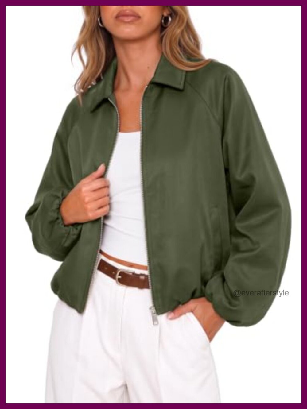 Women's Long Sleeve Zip-Up Cropped Bomber Jacket Fall Casual Coat